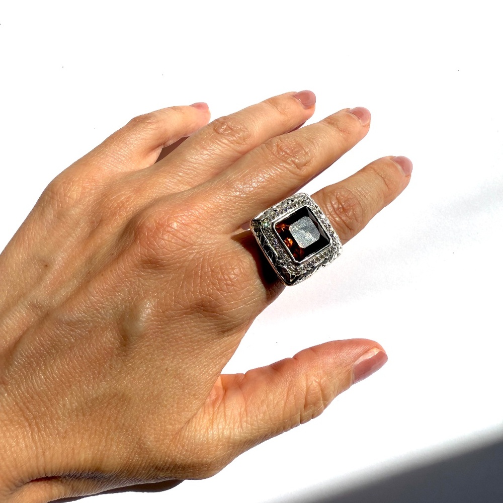 John Hardy Batu Sari Smoky Quartz Diamond Large Gold Sterling Silver Ring 7.25